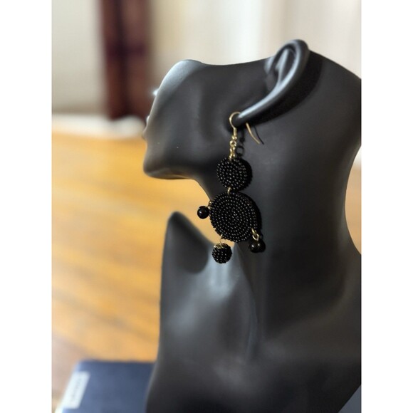 Beaded Drop Earrings Black, Seed Beaded Disc Drop Earrings, Statement 3.5” - Picture 1 of 10